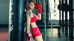 women's red sportswear, sports bra, Asian, boxing