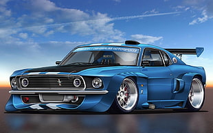 blue Ford Mustang sports coupe under blue sky