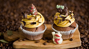 two cupcakes, cupcakes, food, dessert, chocolate