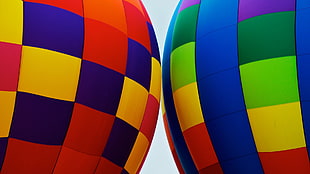 two assorted-color hot air balloons, colorful, square, hot air balloons, simplicity HD wallpaper
