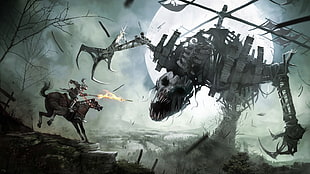 lancer riding horse and fighting monster digital wallpaper, creature, giant, Don Quijote