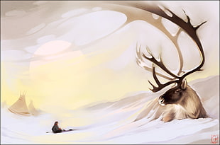 moose lying on snow painting, fantasy art, elk, animals HD wallpaper
