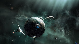 spacecraft digital wallpaper, spaceship, space station, planet, science fiction
