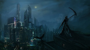 death reaper standing on cliff watching city digital art