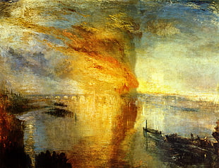 beige, brown, and black abstract painting, J. M. W. Turner, painting, classic art, fire