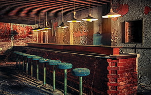 Bar setting with blue bar stools HD wallpaper