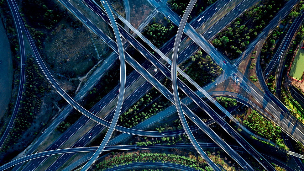 gray concrete bridge, aerial view, road, traffic HD wallpaper