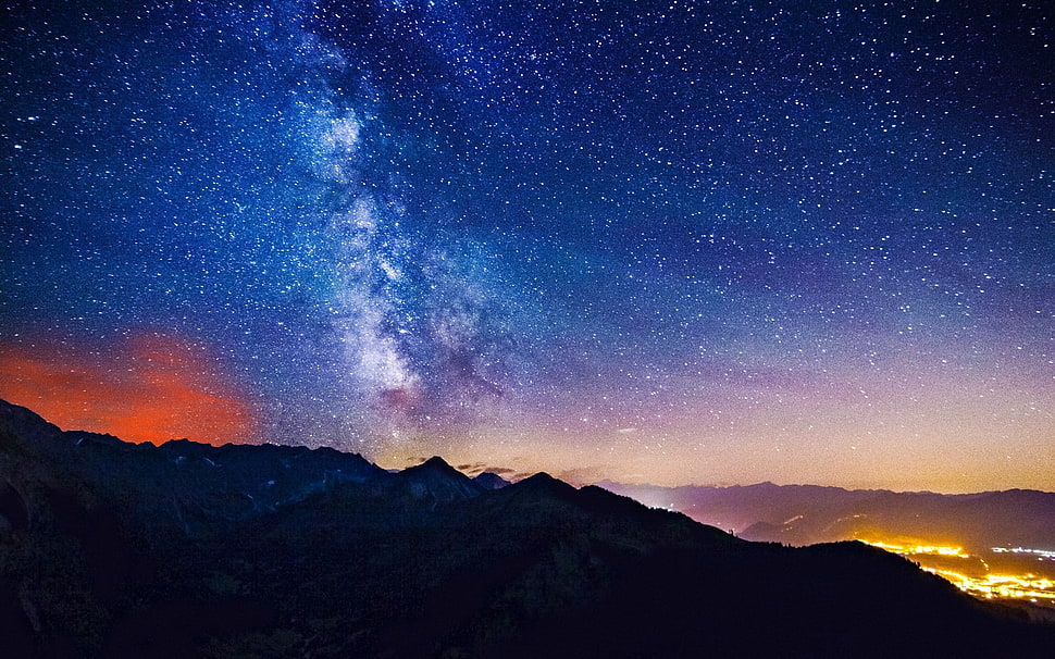 silhouette of mountains under clear sky full of stars, landscape, starry night, night sky, stars HD wallpaper