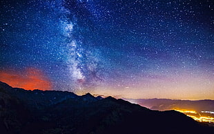 silhouette of mountains under clear sky full of stars, landscape, starry night, night sky, stars