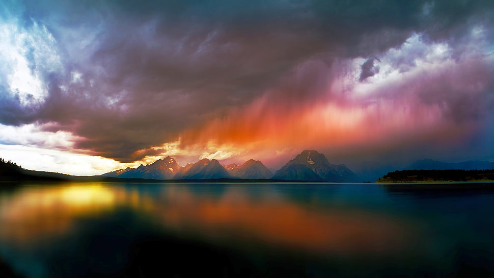body of water, lake, mountains, storm, clouds HD wallpaper