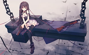 female anime character holding pistol beside rifle illustration, anime girls, gun, birds, thigh-highs