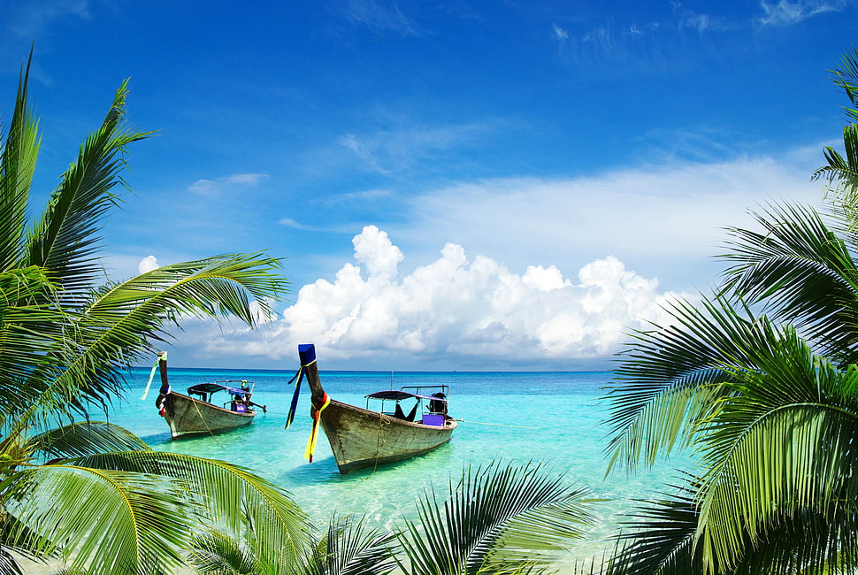 brown wooden boat, landscape, tropical, clouds, sea HD wallpaper