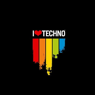I love Techno text on black background, techno, artwork, typography, music