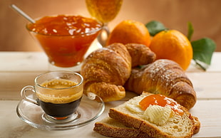 clear glass teacup and platter with bread, dough and fruits beside HD wallpaper
