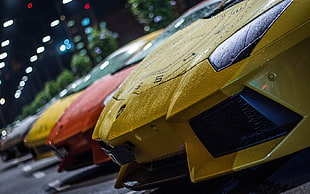 yellow Lamborghini Aventador, Lamborghini, rain, water drops, yellow cars