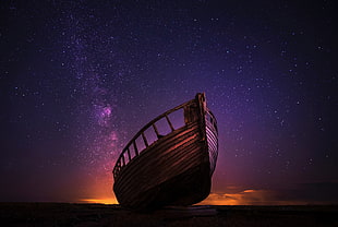brown boat, boat, stars, starred sky HD wallpaper