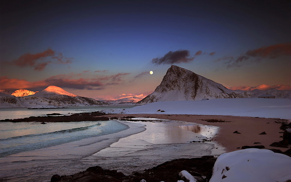 snow mountain near shoreline HD wallpaper