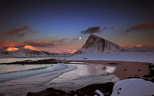 snow mountain near shoreline HD wallpaper