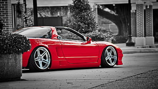 red and white coupe car, selective coloring, vehicle, car, acura