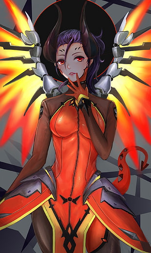 female anime character wearing red costume with wings