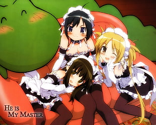 three girl anime in black-and-white off-shoulder dresses digital wallpaper