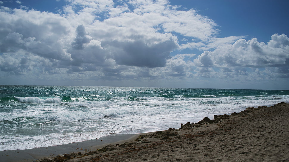 beach and thick white cloud, beach, sand HD wallpaper