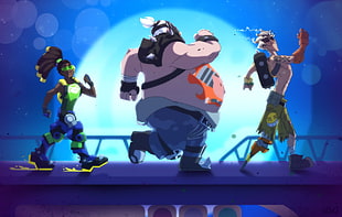 three cartoon characters, Lúcio (Overwatch), Roadhog (Overwatch), Junkrat (Overwatch), crossover