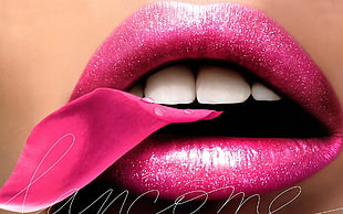 human lip with pink glittered lipstick