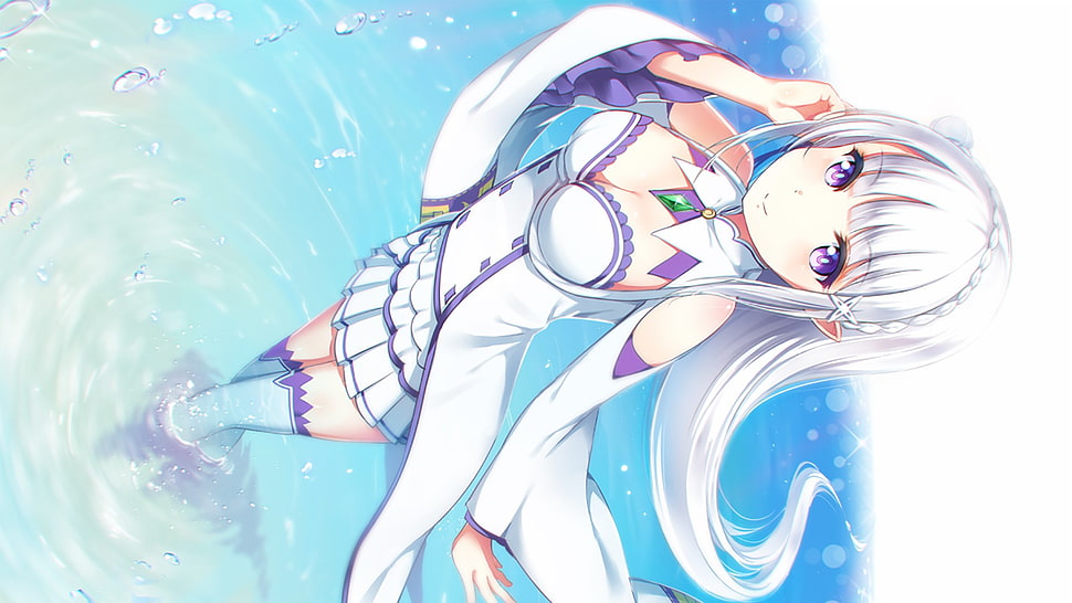 white haired female anime character, Re:Zero Kara Hajimeru Isekai Seikatsu, Emilia (Re: Zero), cleavage, thigh-highs HD wallpaper