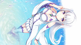 white haired female anime character, Re:Zero Kara Hajimeru Isekai Seikatsu, Emilia (Re: Zero), cleavage, thigh-highs HD wallpaper