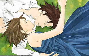 black haired boy beside brown haired girl anime lying on green grass field drawing