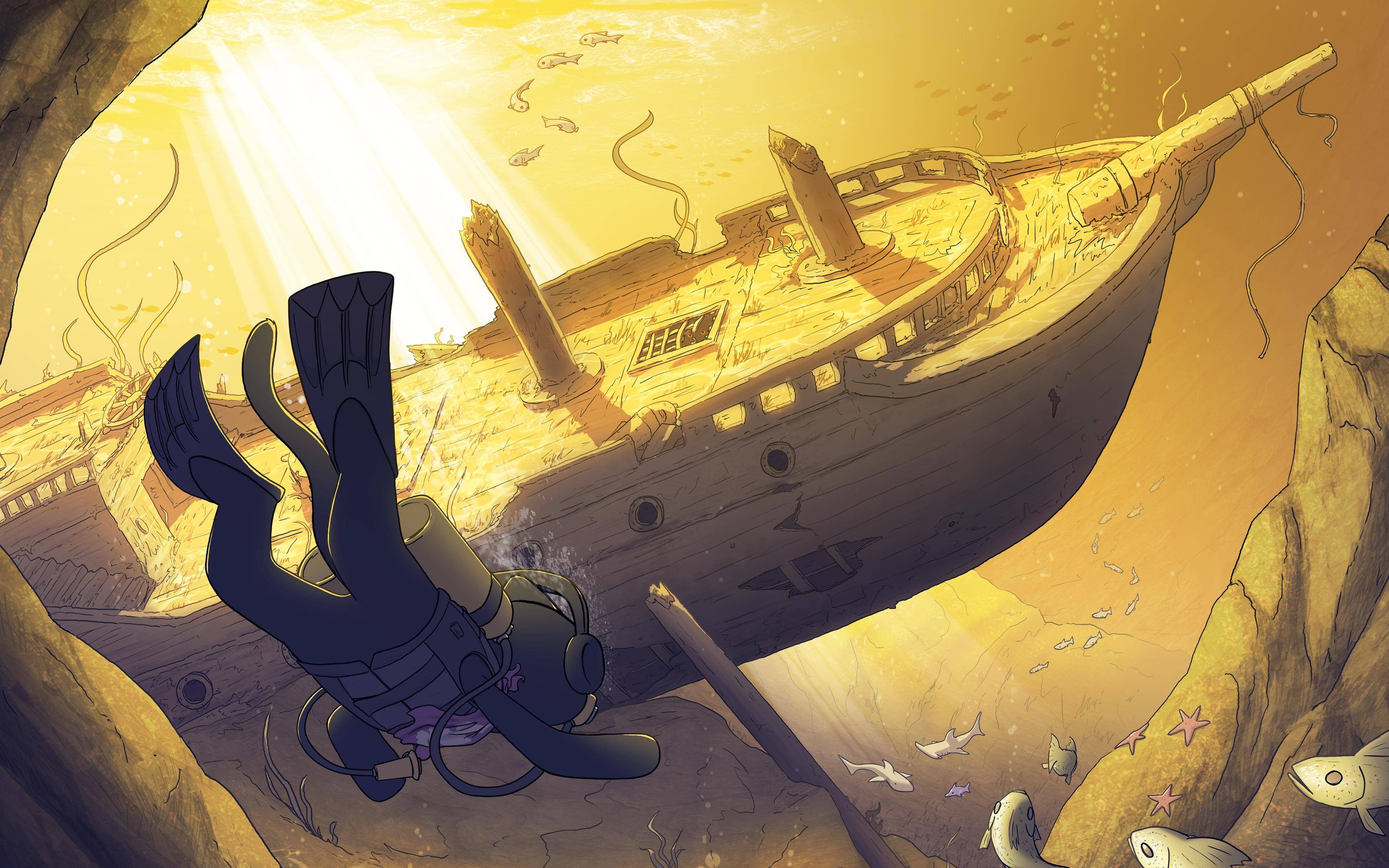 game cover, Monstercat, music, shipwreck, fish