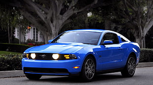 blue Ford Mustang coupe, car
