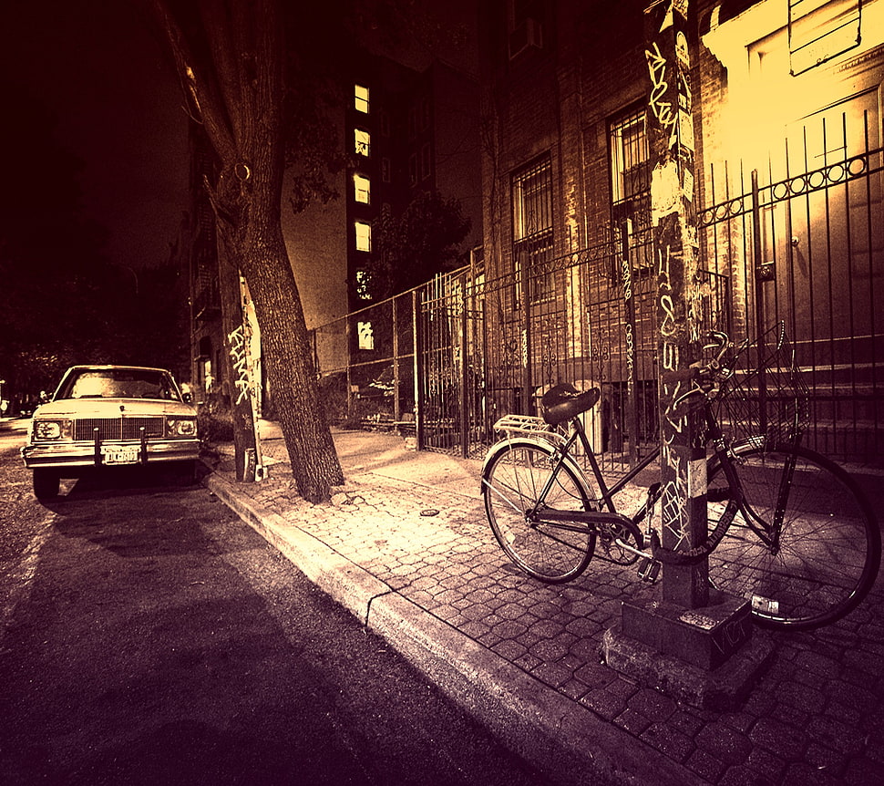 black city bike, urban, street, bicycle, car HD wallpaper