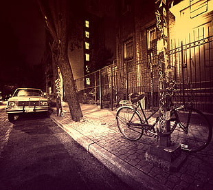 black city bike, urban, street, bicycle, car