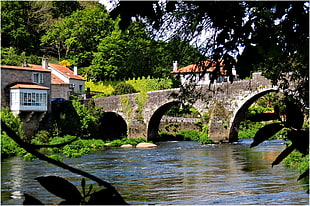 river with brick bridge connecting village, negreira HD wallpaper