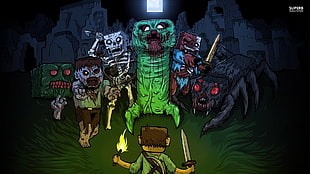 Minecraft monsters vs Steve holding knife and torch illustration HD wallpaper