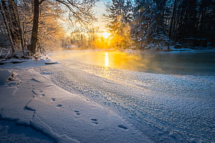 HDR photography of snowy terrain with footprint near the road during sunrise HD wallpaper