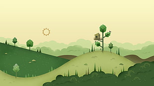 green trees and plants illustration, digital art, minimalism, nature, hills