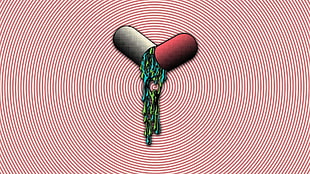 white and red capsule illustration, drugs, spiral, pills