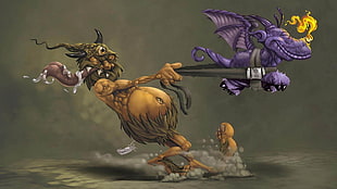 monster and dragon illustration, digital art, fantasy art, dragon, flying HD wallpaper
