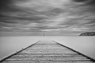 grayscale photography of wooden dock HD wallpaper