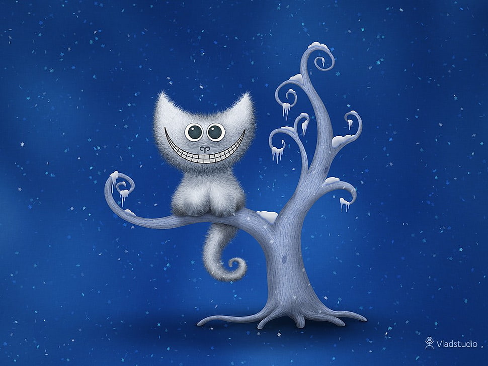 gray cat illustration, Cheshire Cat, Vladstudio, snow, trees HD wallpaper