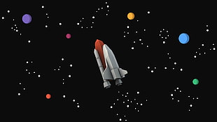 gray and red spacecraft illustration, space, spaceship, stars, minimalism
