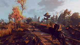 man riding horse illustration, The Witcher 3: Wild Hunt, video games, screen shot, painting