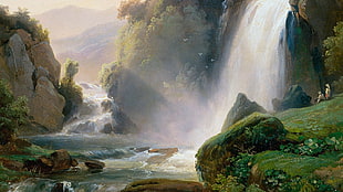 illustration of waterfall, painting, artwork, waterfall, rock