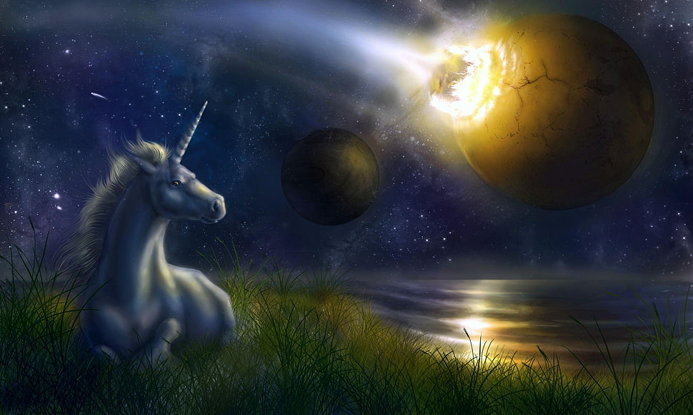 Unicorn and planet illustration HD wallpaper
