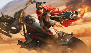 female character holding gun while riding motorcycle digital wallpaper, Miss Fortune (League of Legends), League of Legends, weapon