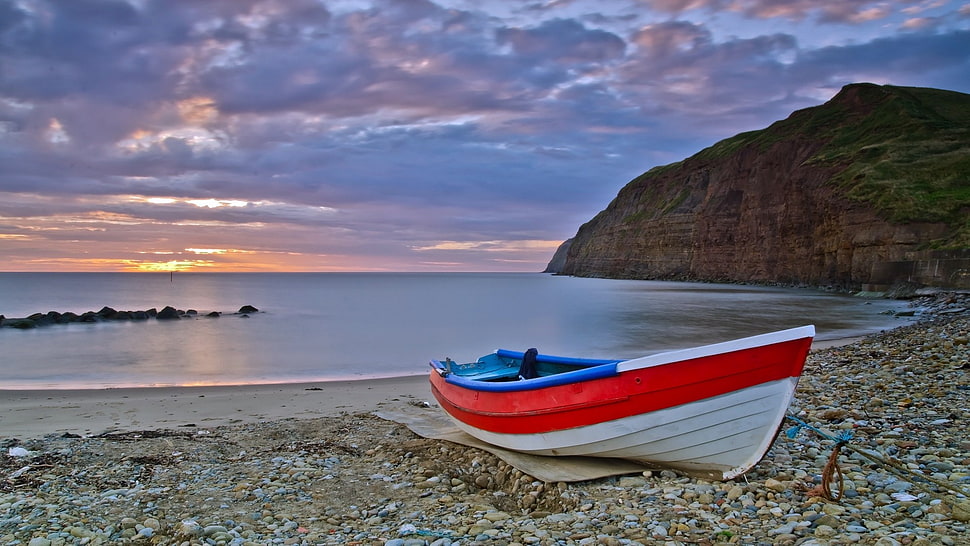 red and white canoe, nature, sea, sunset, boat HD wallpaper