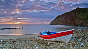 red and white canoe, nature, sea, sunset, boat